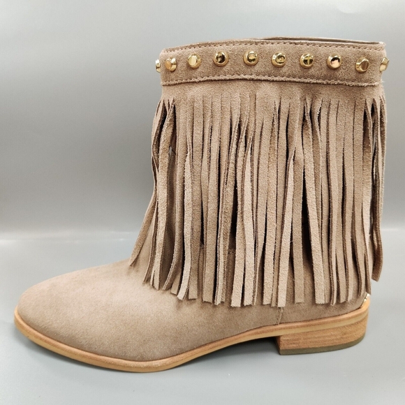 MICHAEL MICHAEL KORS Billy Fringed Ankle Boot Studded Suede Bootie Neutral 6 - Picture 5 of 14